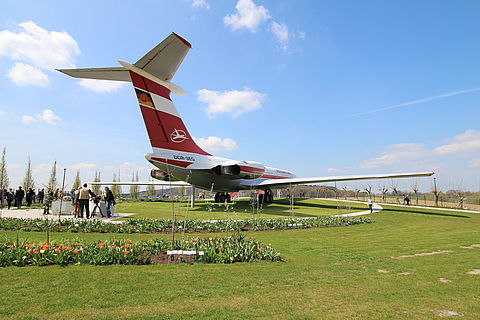 Lady Agnes in Stölln. Ein rot weißes ehemaliges Passagierflugzeug auf einer grünen Wiese.