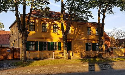 Der Luckehof in Premnitz. Ein historisches zweistöckiges Bauernhaus mit gelber Fassade und grünen Fensterläden. Davor drei Lindebäume. 